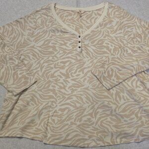 Terra & Sky Women's Thermal Top 3X Ivory Zebra Print Waffle Knit V-Neck